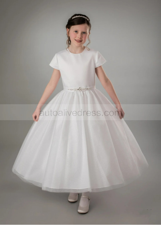 Beaded Cap Sleeves Ivory Satin Glitter Tulle Flower Girl Dress